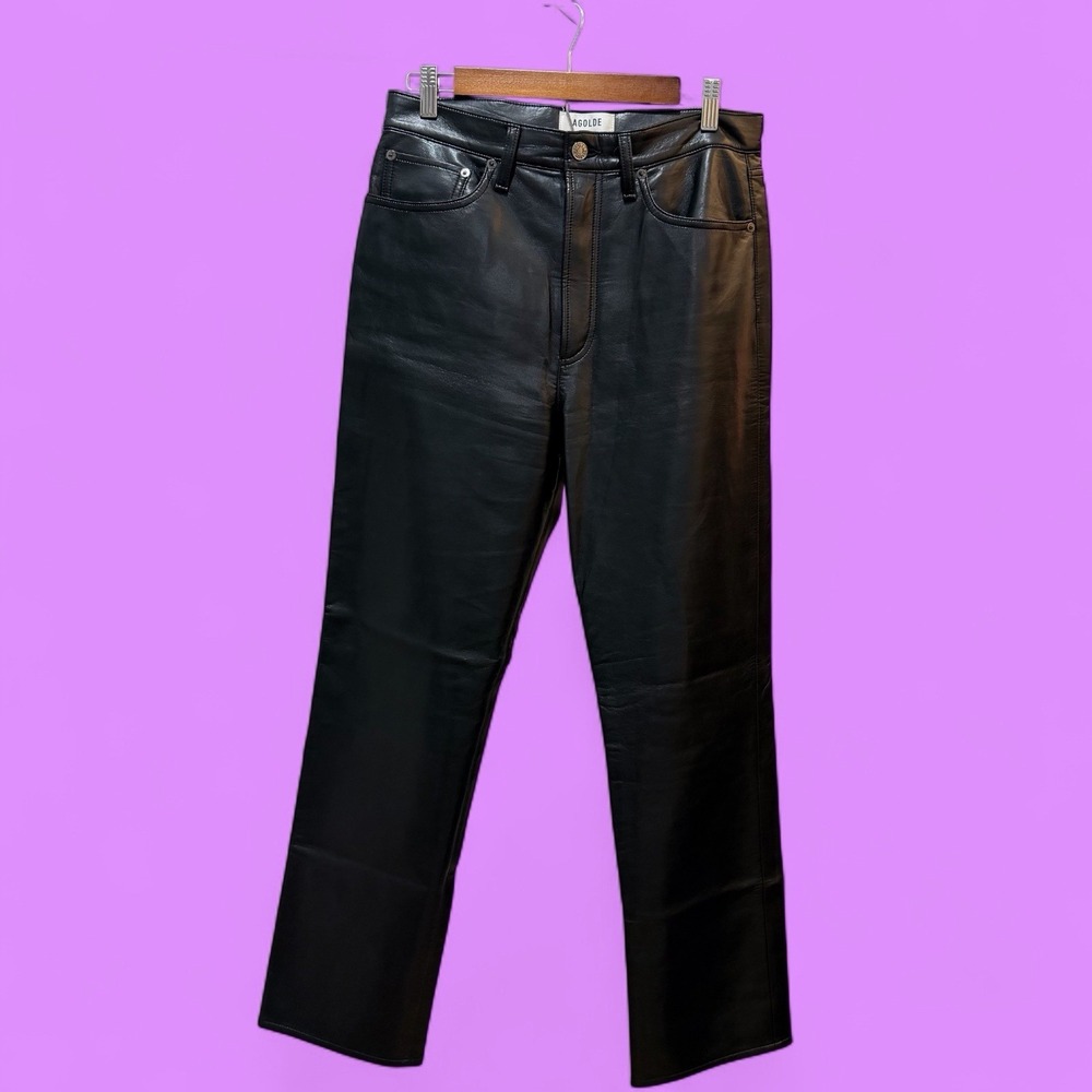 AGOLDE Black Leather Pants Women's Straight Leg High Rise Real Leather Size 28